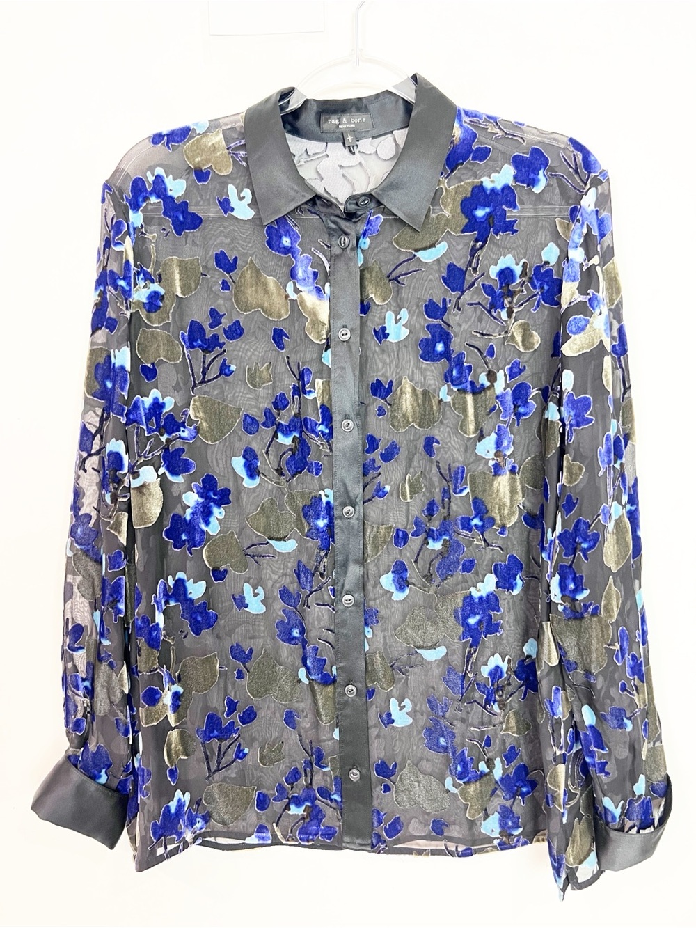 RAG & BONE BLACK VELVET BURNOUT GIGI BLOUSE PURPLE GREEN FLORAL WOMENS LARGE - Picture 9 of 9